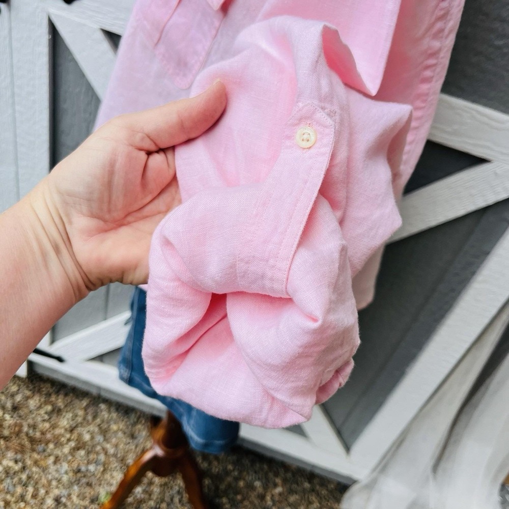 Upcycled Re-worked Lauren Ralph Lauren Shell Pink Linen Ruffle Collar Shirt XL - Picture 5 of 9